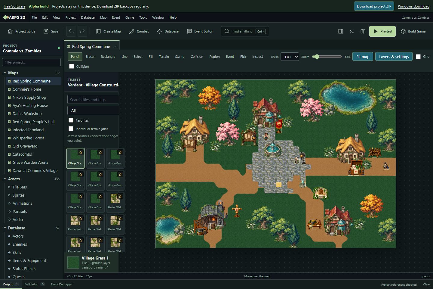 ARPG2D's map editor with its project tree, terrain tools, tile palette, and game map.