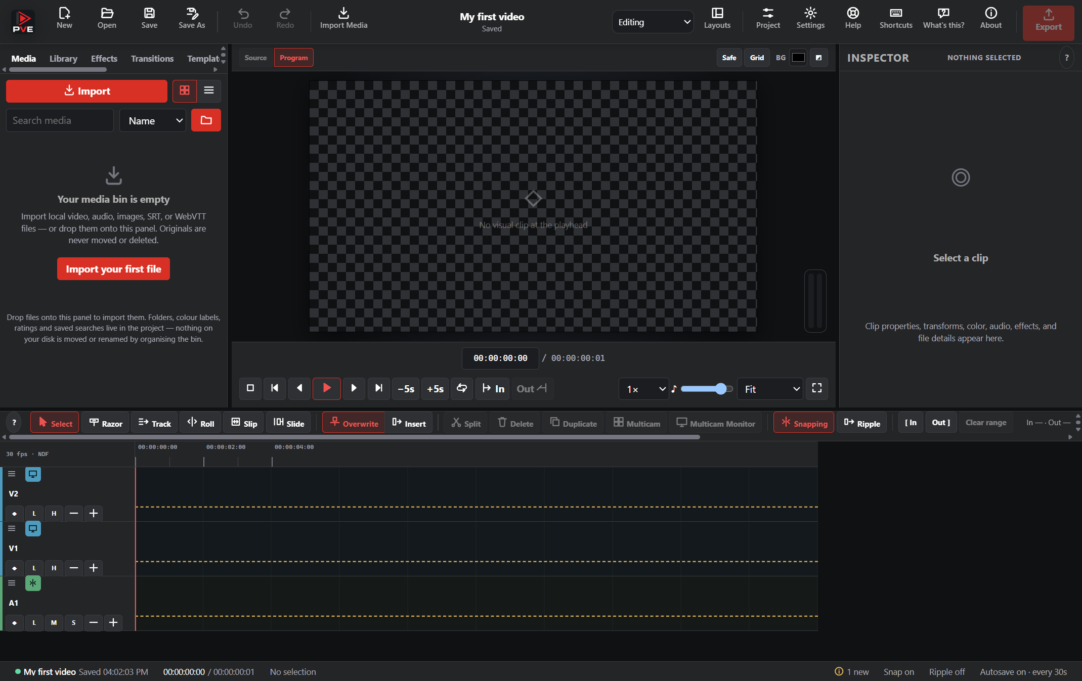 The People's Video Editor with media tools, a preview monitor, and video and audio timeline tracks.