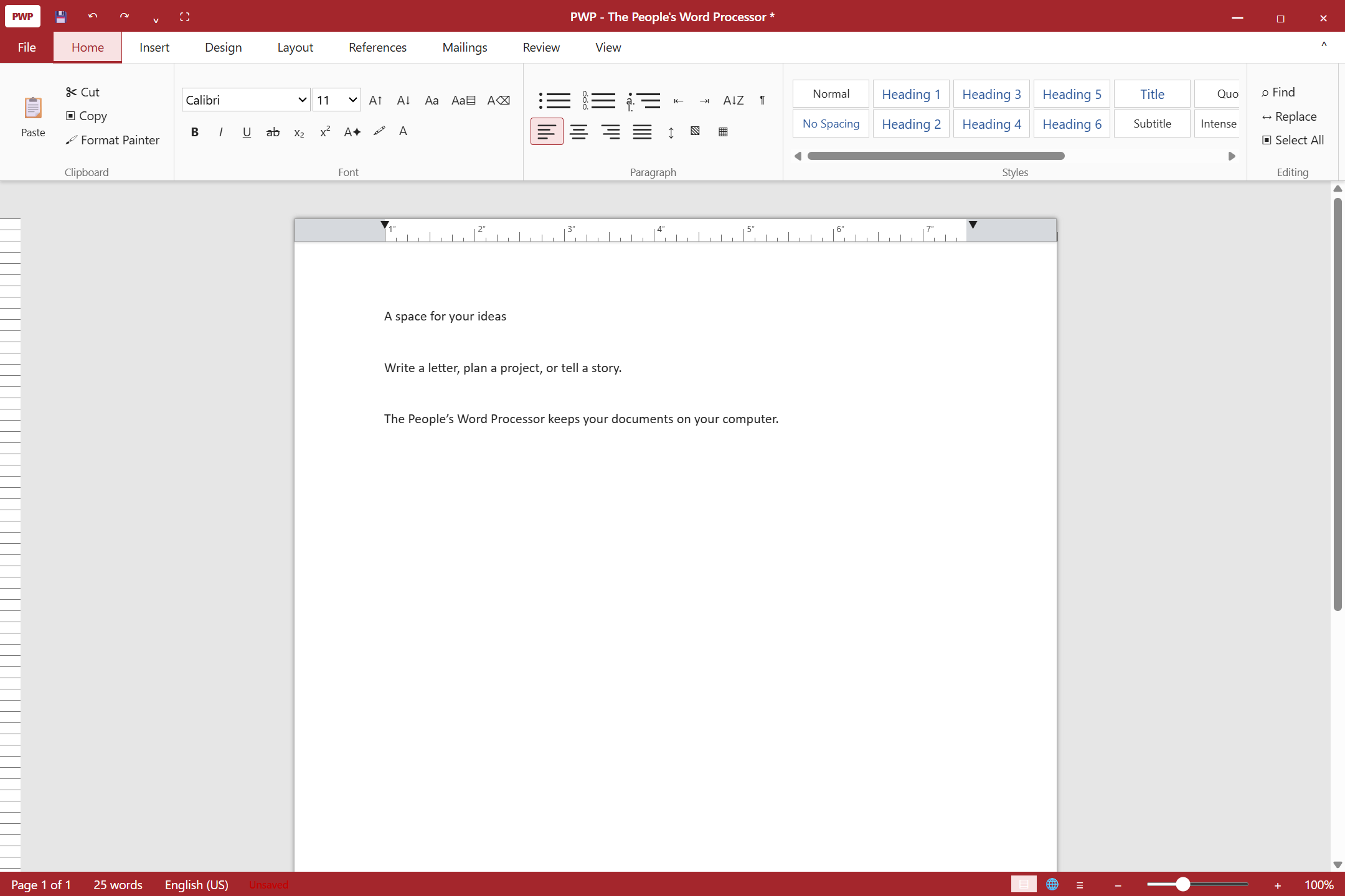 The People's Word Processor with its formatting ribbon and a document on a white page.