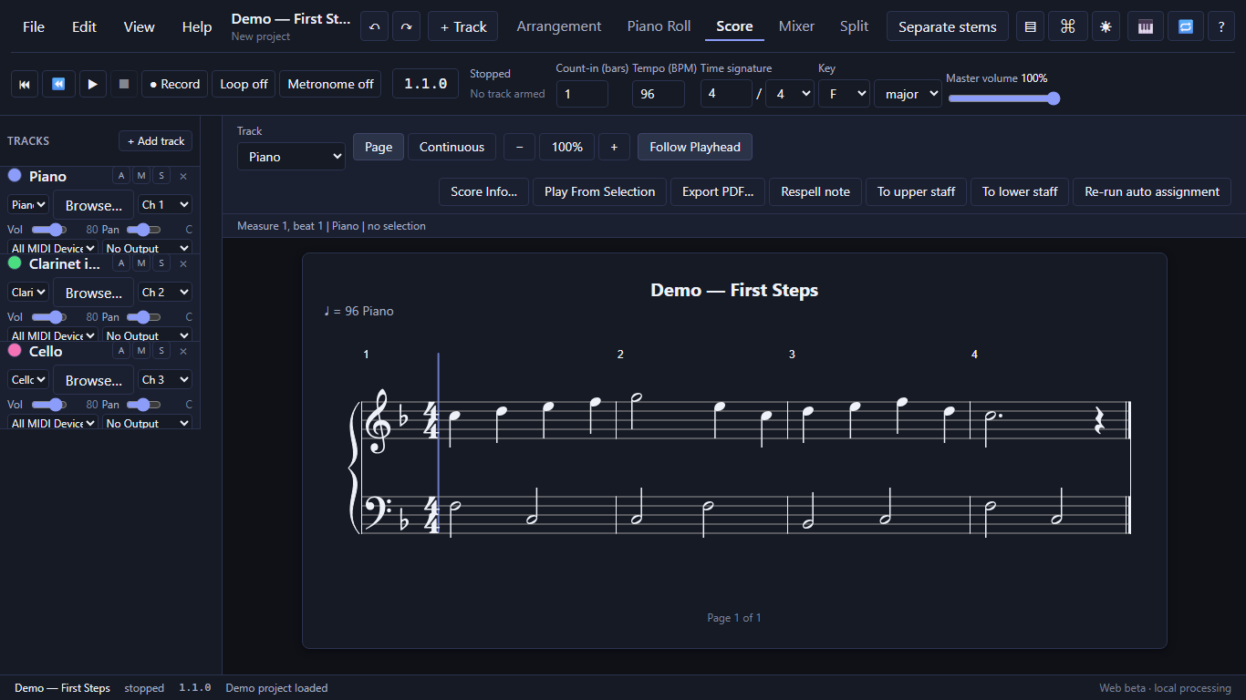 Studio4All showing a piano score with treble and bass staves, playback controls, and an instrument track.